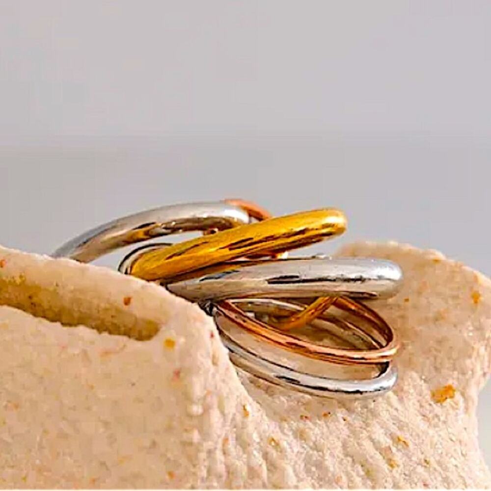 Stainless Steel Stackable Ring Set Connected Three Color Tri-Color Gold Plated - Picture 4 of 9